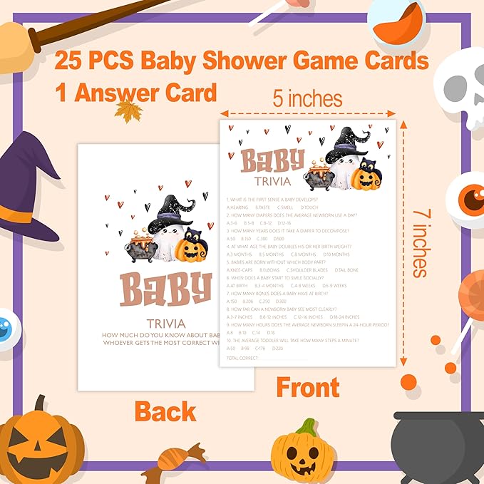 Baby Shower Games, Halloween Baby Trivia, 25 Double-Sided Game Cards + 1 Answer - Image 2