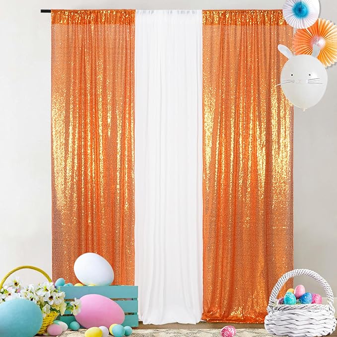 SquarePie Sequin Backdrop Curtain 2FTx8FT Orange 2pcs Background - Image 2