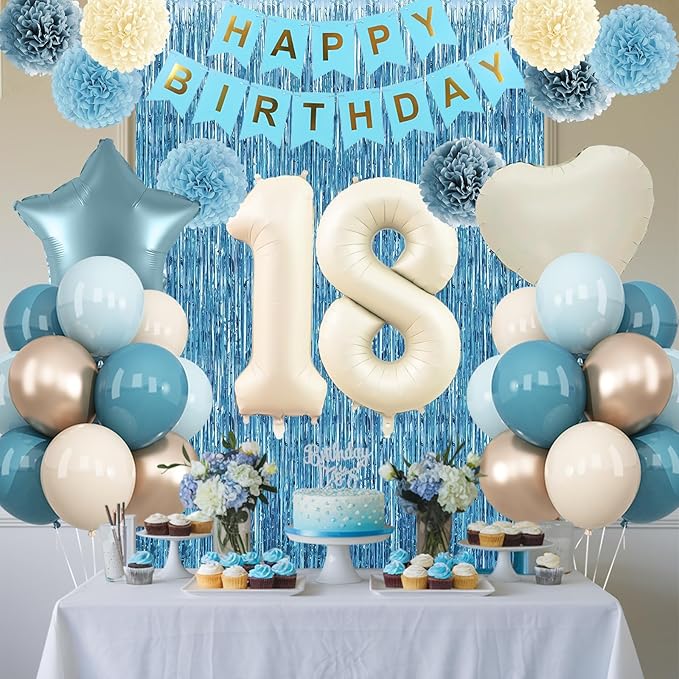 Dusty Blue 18th Birthday Party Decorations Boys Girls Beige Cream Number 18 - Image 2