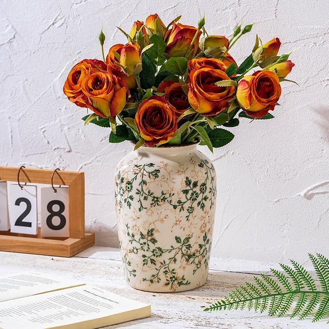 Vintage Pastoral Green and Beige Vase, Round Ceramic Floral Vases, Retro Ice - Image 5