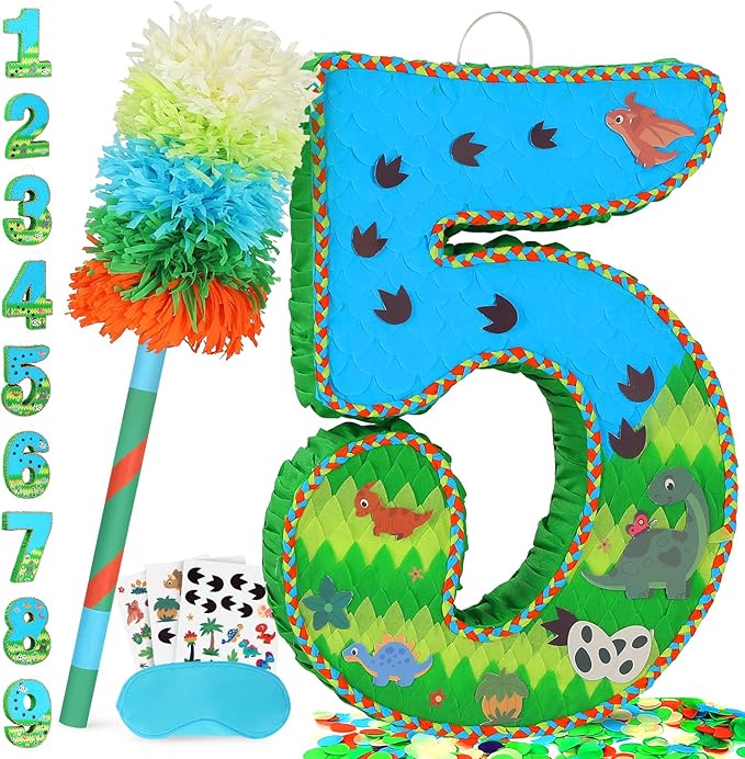 Number 5 Pinata for Birthday Party Decorations, Jungle Dinosaur Piñata Games Toy by Pardecor