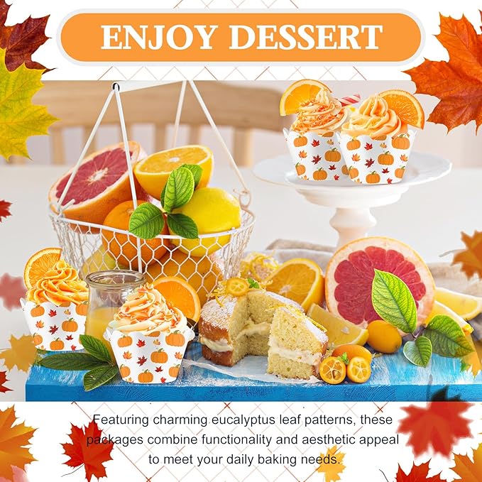 Domensi 100 Pcs Fall Pumpkin Maple Leaf Cupcake Wrappers Rustic Cupcake Liners - Image 7