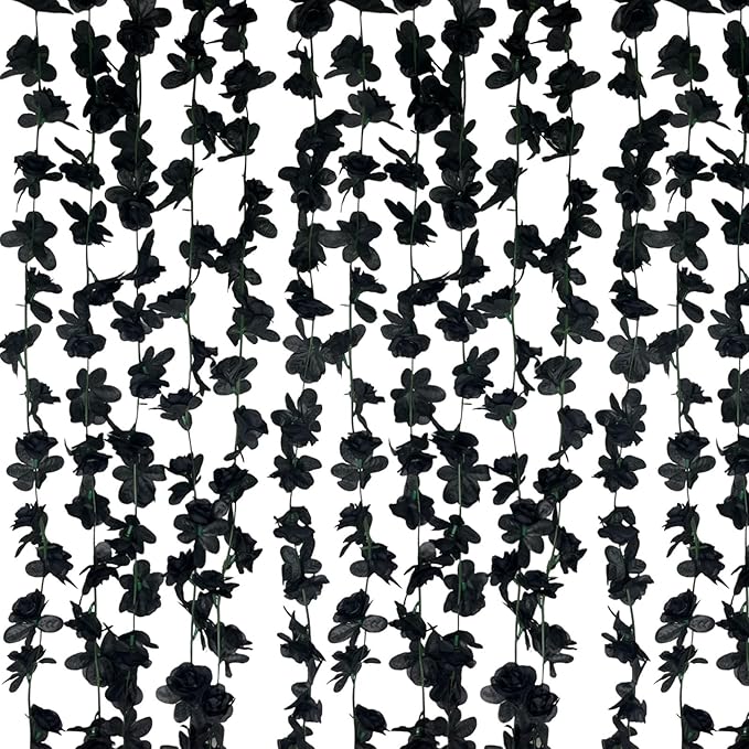 8Pcs 63Ft Black Rose Garland, Fake Rose Hanging Flowers, Artificial Flower Vine by Tisspoms