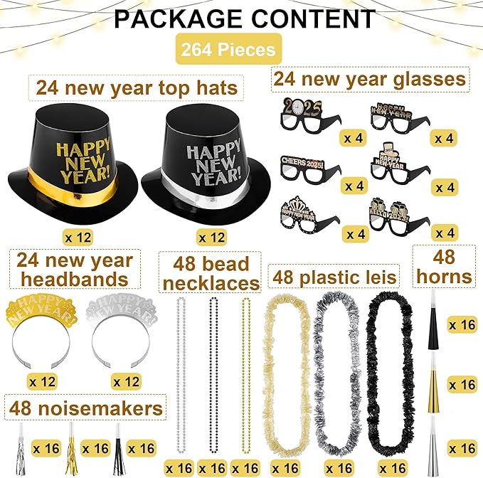 Fovths 264 Pieces 2025 New Years Eve Party Supplies Includes Glasses Top Hats - Image 2