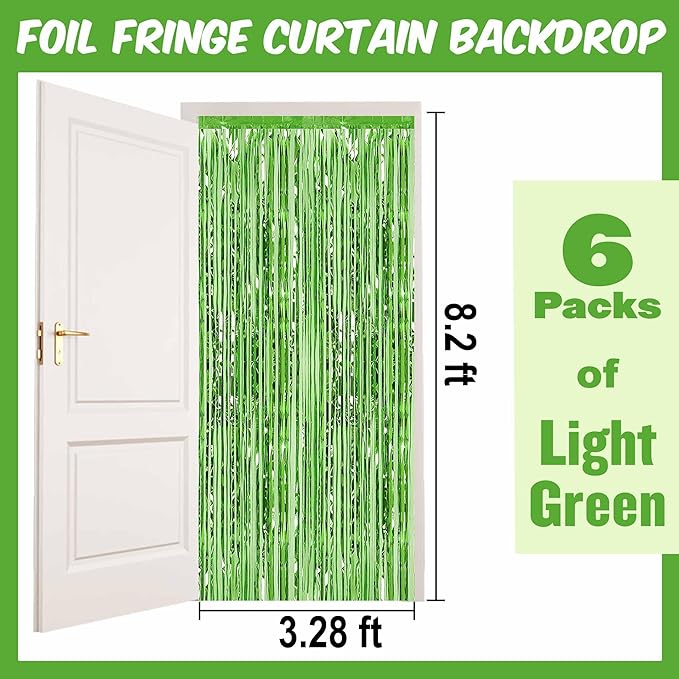 6 Pack Light Green Foil Fringe Curtains Backdrop, 3.28 x 8.2 Ft Metallic - Image 2