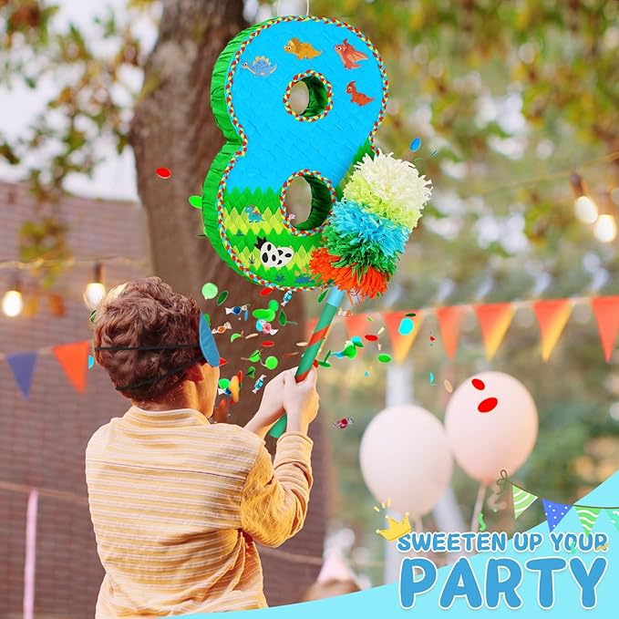 Number 8 Pinata for Birthday Party Decorations, Jungle Dinosaur Piñata Games Toy - Image 3