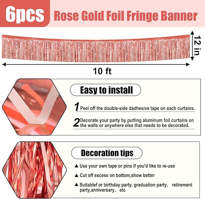 6 Pack 10 Feet Rose Gold Foil Fringe Garland Metallic Tinsel Streamers Banner - Image 2