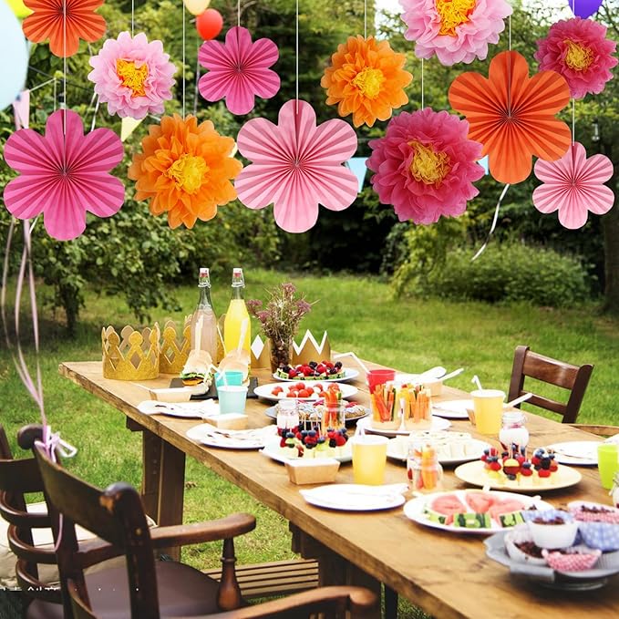 12PCS Paper Flowers Fans Orange and Hot Pink Party Decorations Tissue Paper - Image 5