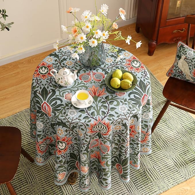 ISAENNE Designer Bohemian Linen Green Round Tablecloth, Floral Indoor Table - Image 3