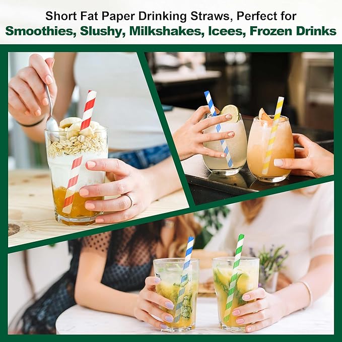 Chunspak 6" Short Fat Colorful Striped Paper Drinking Straws Disposable 100 - Image 4