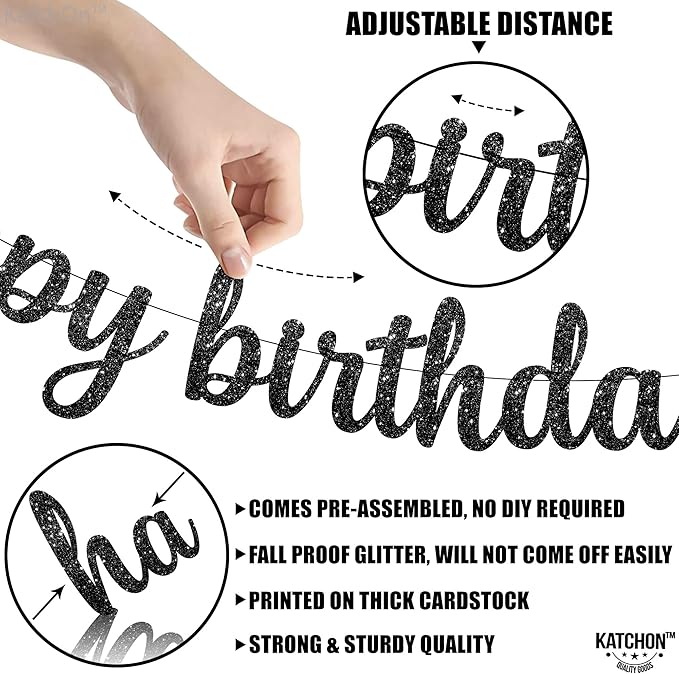KatchOn, Glitter Cursive Black Happy Birthday Banner - Image 3