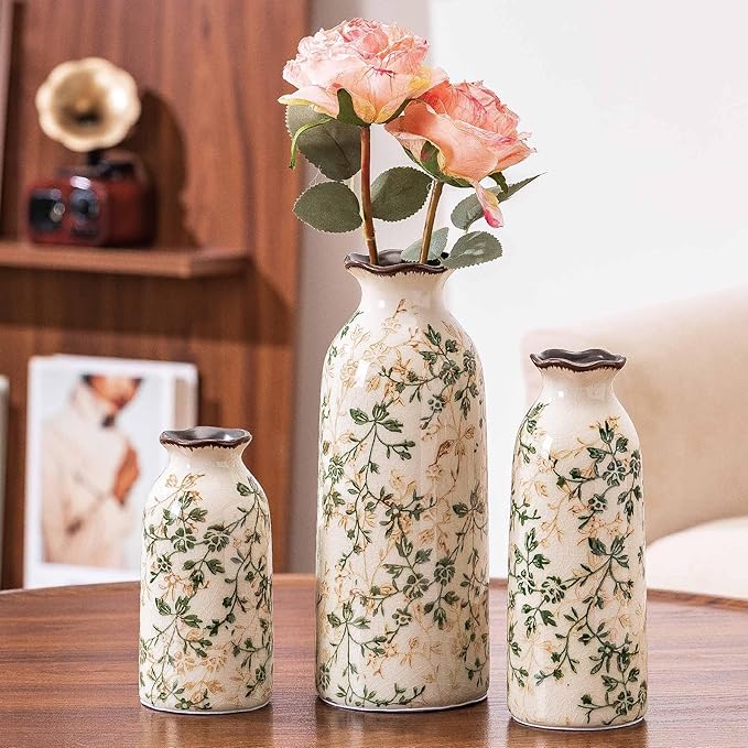 Ceramic Vase Set of 3, Vintage Green and Beige Vases Set, Flower Rustic - Image 2