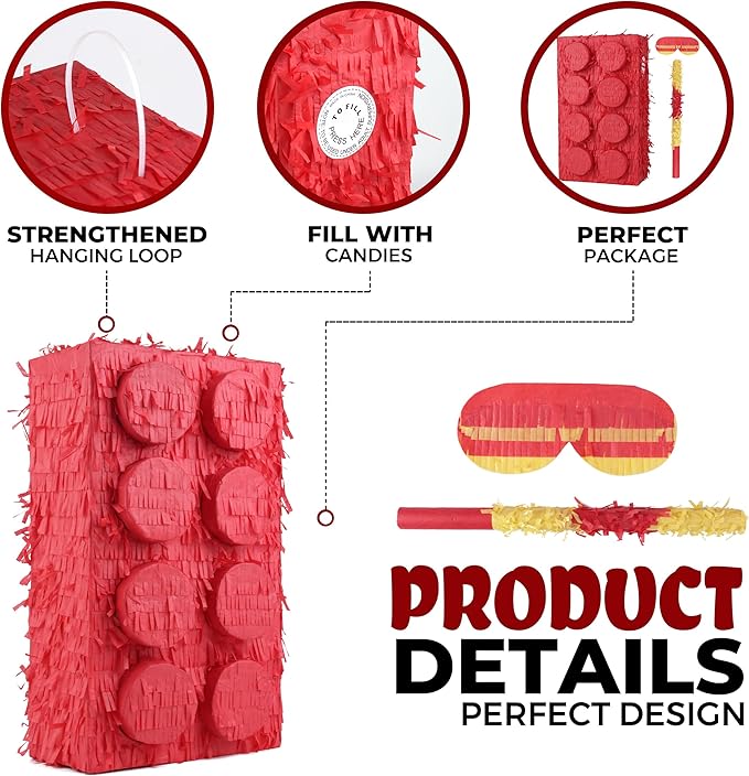 Block Pinata Bundle with a Blindfold and Bat, Building Blocks Theme Birthday - Image 3