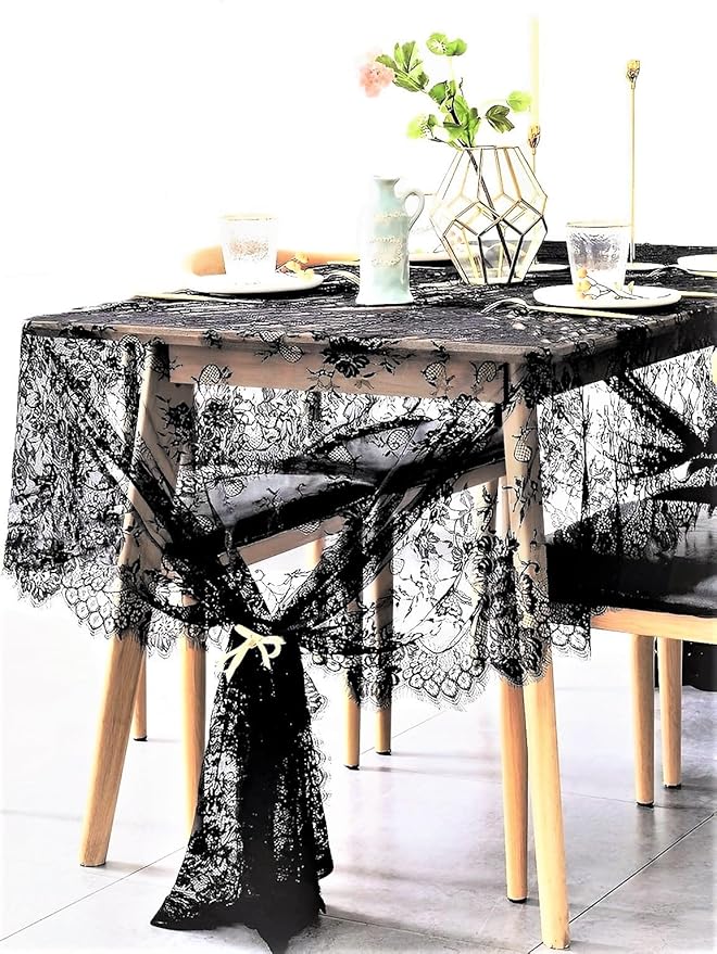 BOXAN Black Lace Tablecloth Overlay Rose Vintage Embroidered, Romantic Boho by BOXAN