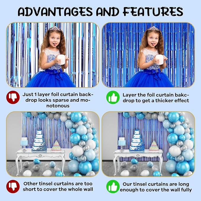2 Pack Blue Foil Fringe Backdrop Curtains, Tinsel Streamers Birthday Party - Image 5