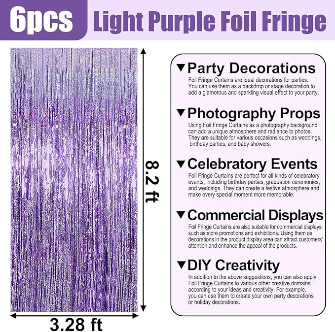 6 Pack Light Purple Foil Fringe Curtain Backdrop, 3.28Ft x 8.2Ft Metallic - Image 2