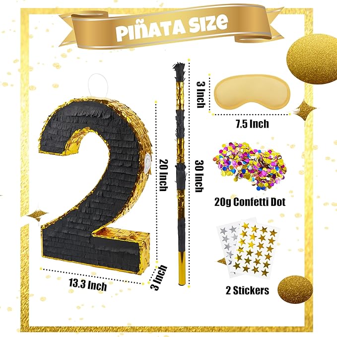 PCFING 20 Inch Number 2 Piñata Gold Black - Image 2
