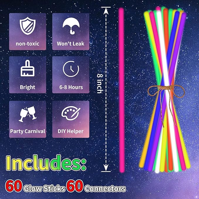 60 Pack 8” Glow Sticks Glow Sticks - Image 2