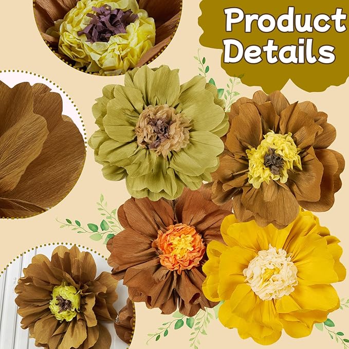 4 PCS 20" Brown Yellow Giant Paper Flowers Boho Baby Shower Party Decorations - Image 2