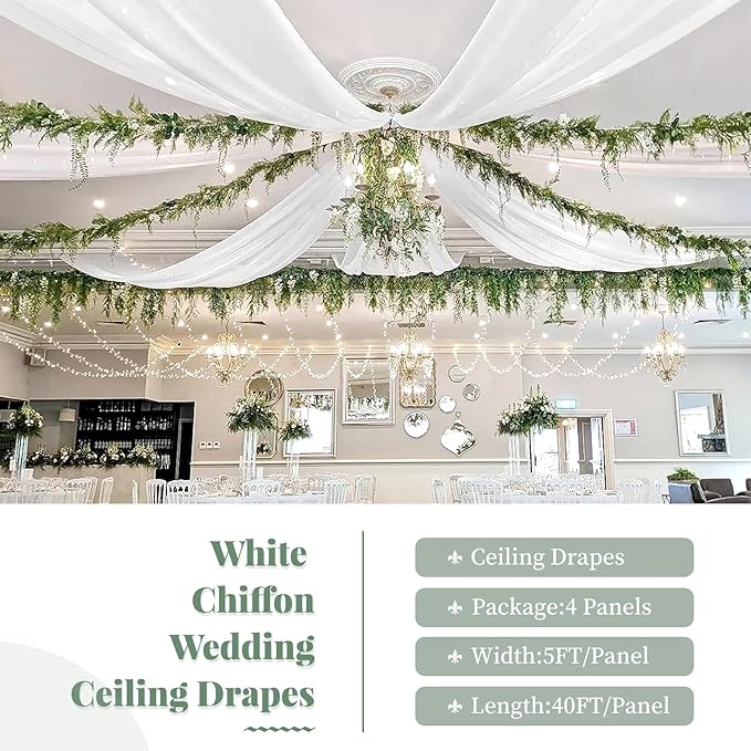 4 Panels White Wedding Ceiling Drapes 5ftx40ft Ceiling Drapes Chiffon Fabric - Image 2