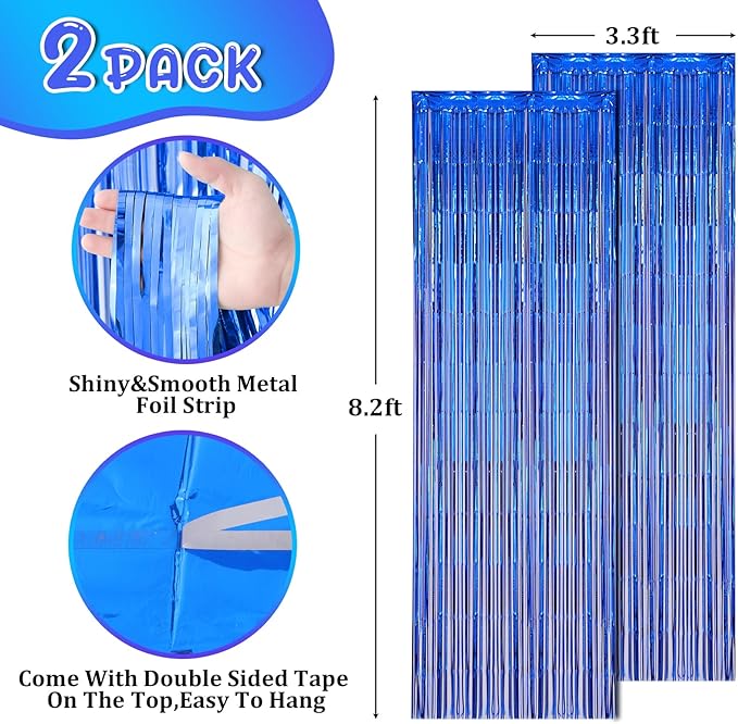 2 Pack Blue Foil Fringe Backdrop Curtains, Tinsel Streamers Birthday Party - Image 3