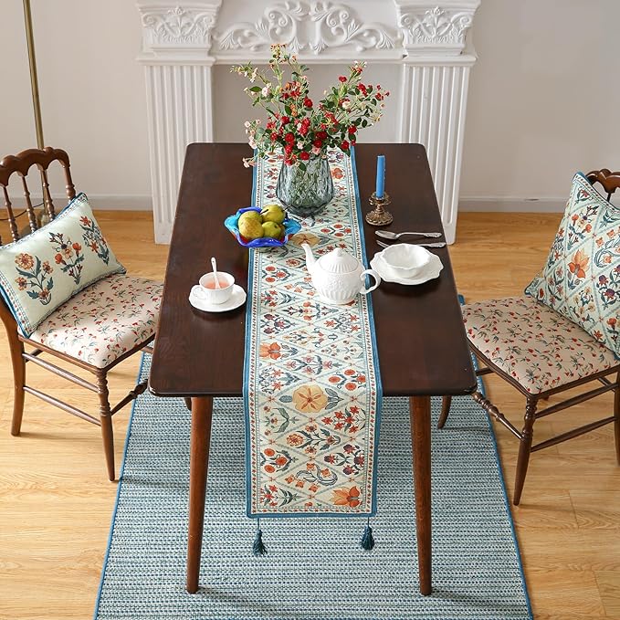 ISAENNE Designer Bohemian Elegant Linen Table Runner 102 Inches Long, Colorful - Image 8