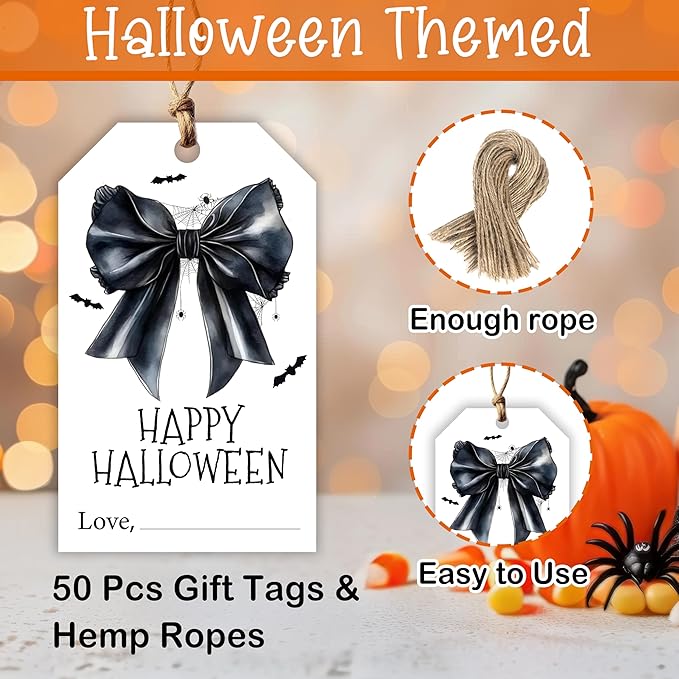 50 Pcs Halloween Tags with String, 2.1"×3.5" Bowknot Paper Gifts Tags, Bat - Image 2