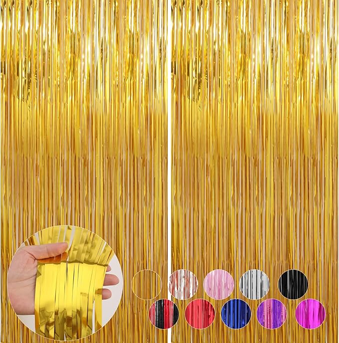 2 Pack Gold Foil Fringe Curtains Streamers Party Decorations 3.3 x 8.2 ft by Profasion