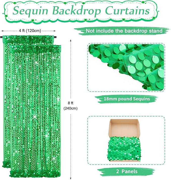 2 Packs 4x8FT Green Sequin Backdrop Curtains Glitter Background Graduation - Image 3