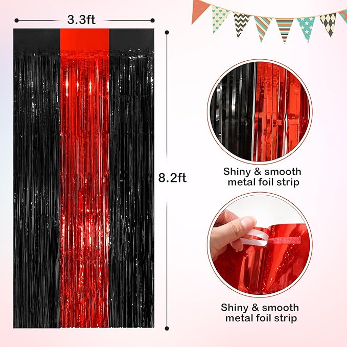 Black Red Tinsel Foil Fringe Curtains, 2 Pack 3.3x8.3 Feet Party Streamer - Image 2