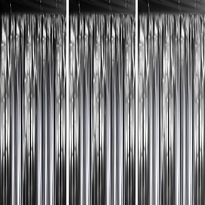 3 Pack 3.3 x 8.2 ft Matte Black Foil Fringe Backdrop Curtains, Fringe Backdrop by Voircoloria