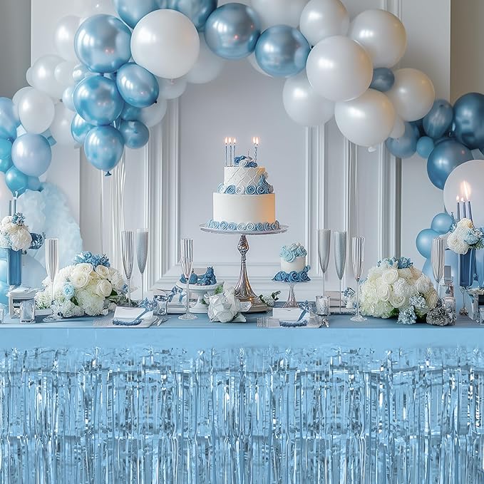 2 Pack Light Blue Light Purple Table Skirts, 29x108" Metallic Foil Tinsel - Image 5