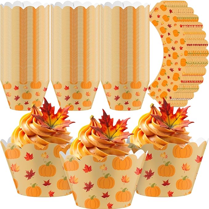 Domensi 100 Pcs Fall Pumpkin Maple Leaf Cupcake Wrappers Rustic Cupcake Liners by Domensi