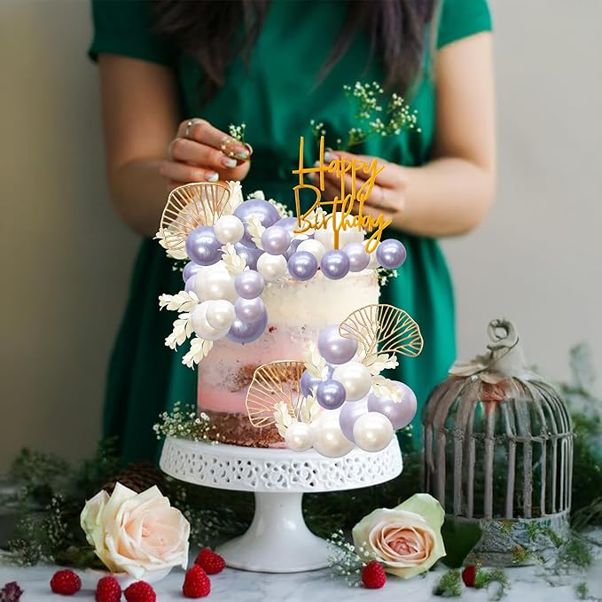 Gyufise 57Pcs Purple Balls Cake Topper Boho Grass Cake topper Pearl Balls - Image 7