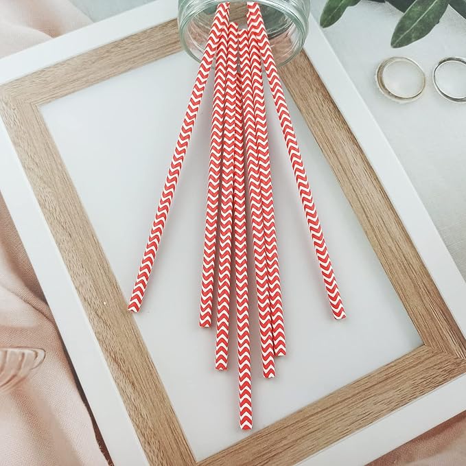 YAOSHENG Premium Disposable Waves Striped Drinking Paper Straws, Pack 100 Red - Image 4