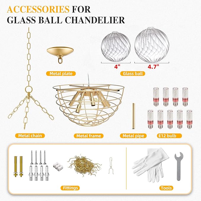 Nordic Bubble Ball Swirled Glass Chandelier, Diam 31" Gild Gold and Clear - Image 5