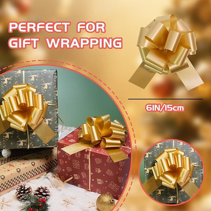 6 Pcs 6 Inch Golden Pull Bows, Gift Wrapping Baskets Wedding Christmas Party - Image 2