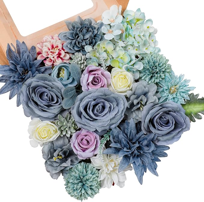 AmyHomie Blue Artificial Flowers Combo Silk Mix Peony Rose Hydrangea Fake by AmyHomie