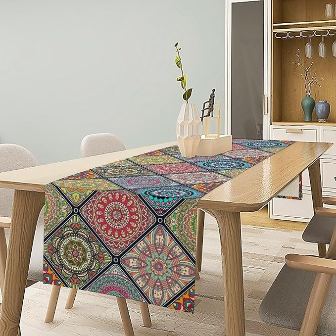 Boho Bohemian Table Runner, Vintage Indian Floral Print Table Cover - Image 2