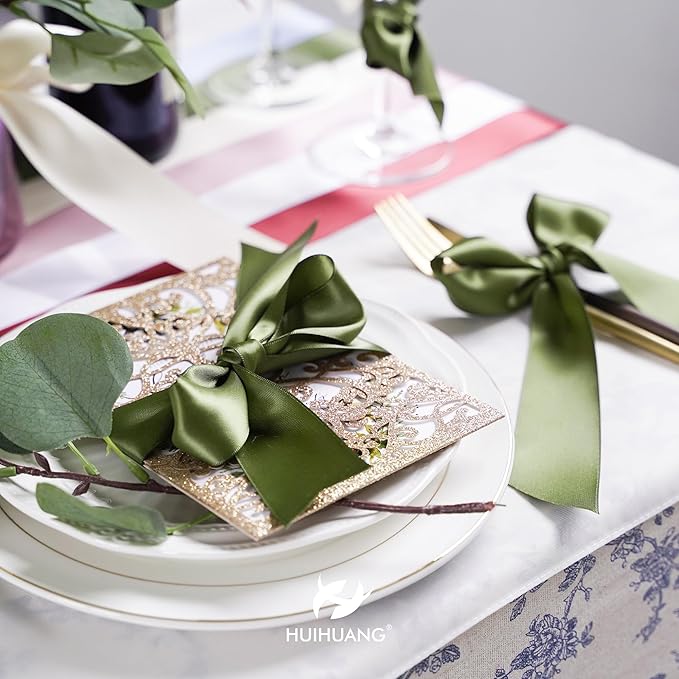 HUIHUANG 1-1/2 inch Double Face Satin Ribbon, Polyester Moss Green Ribbon 50 - Image 4