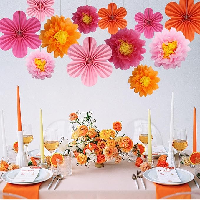 12PCS Paper Flowers Fans Orange and Hot Pink Party Decorations Tissue Paper - Image 6