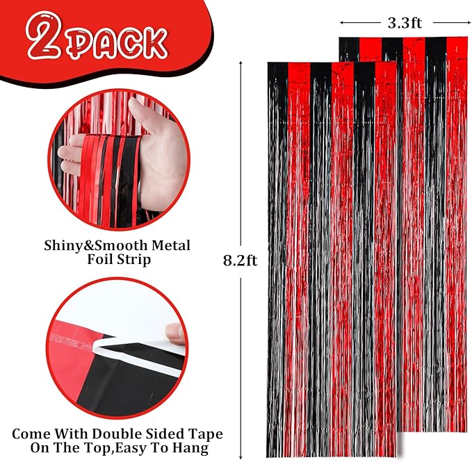 2 Pack 3.3x8.2 Feet Red and Black Foil Fringe Backdrop Curtains, Tinsel - Image 3