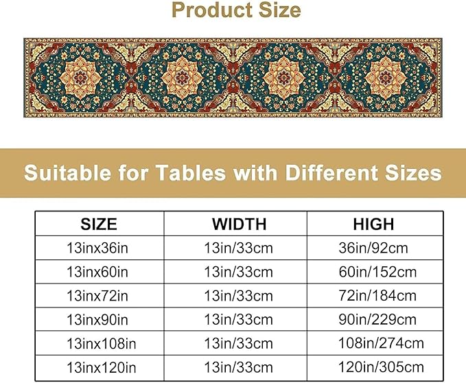Boho Rich Table Runner, Vintage Blue Teal Gold Retro Flower Rustic Country - Image 4