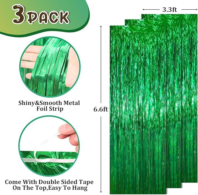3 Pack 3.3 x 6.6 ft Green Foil Fringe Backdrop Curtains, Tinsel Streamers Party - Image 3