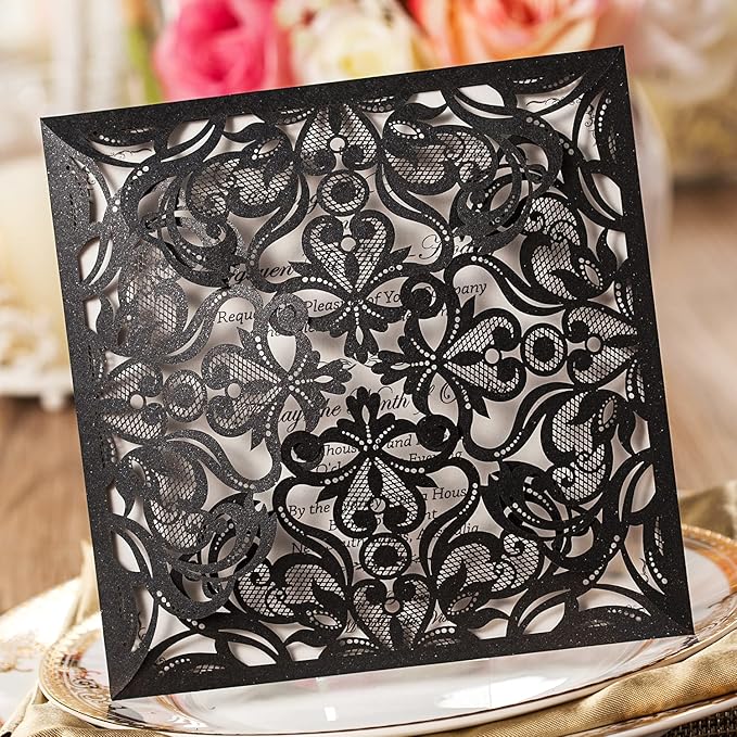Hosmsua 50PCS Personalized Black Laser Cut Hollow Lace Rose Invitation Cards - Image 3
