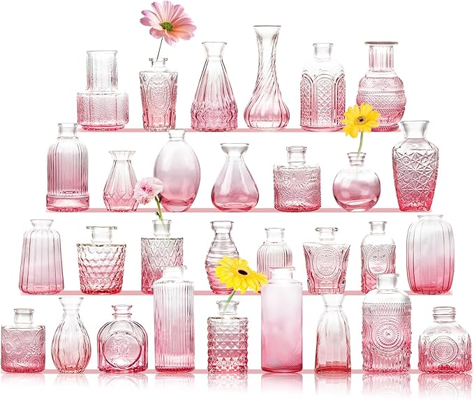 Pink Glass Bud Vase Set of 30, Small Flower Vases in Bulk, Mini Vintage Vases by TCooSo