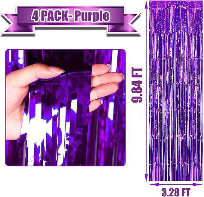 4 Pack Purple Foil Fringe Curtain Backdrop, 3.3Ft x 9.8Ft Metallic Tinsel Foil - Image 2