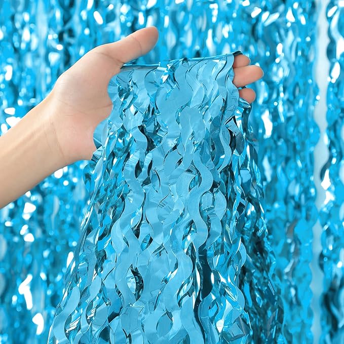 3 Pack Blue Wavy Tinsel Foil Fringe Curtain - Image 2
