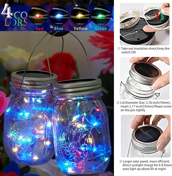 SunKite Solar Mason Jar Lights, 12 Pack 30 LED Waterproof Fairy Firefly Jar - Image 3