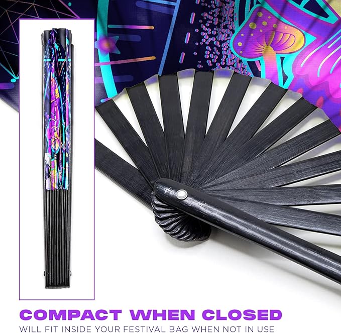 GloFX Rave Fan - UV Mushroom - Large Folding Fan - Music Festival Essential - Image 3